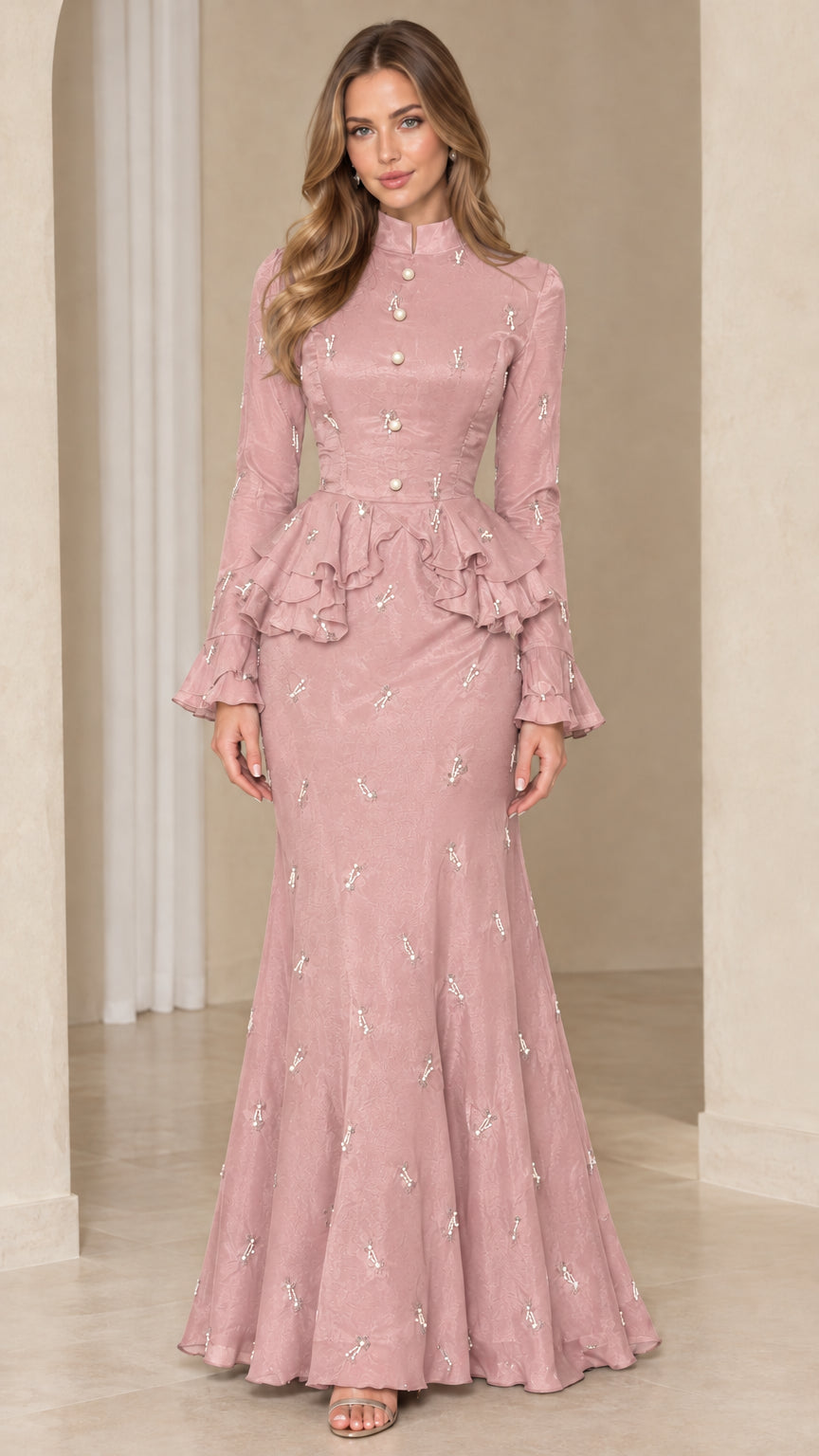 Full-length view of dusty pink embellished peplum mermaid maxi dress
