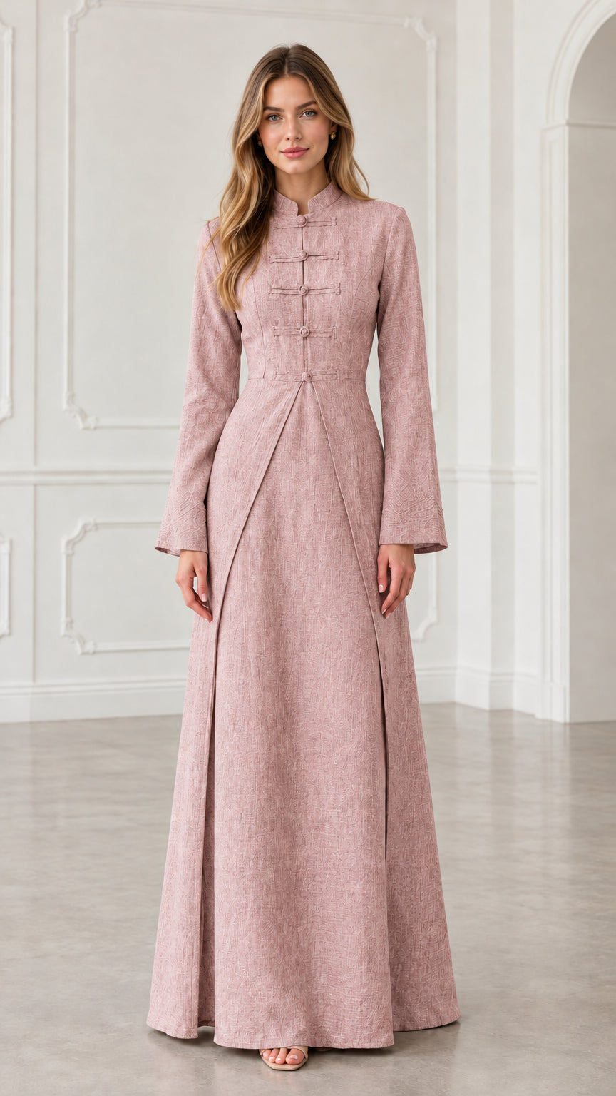 Front view of model wearing dusty pink frog button long sleeve maxi dress