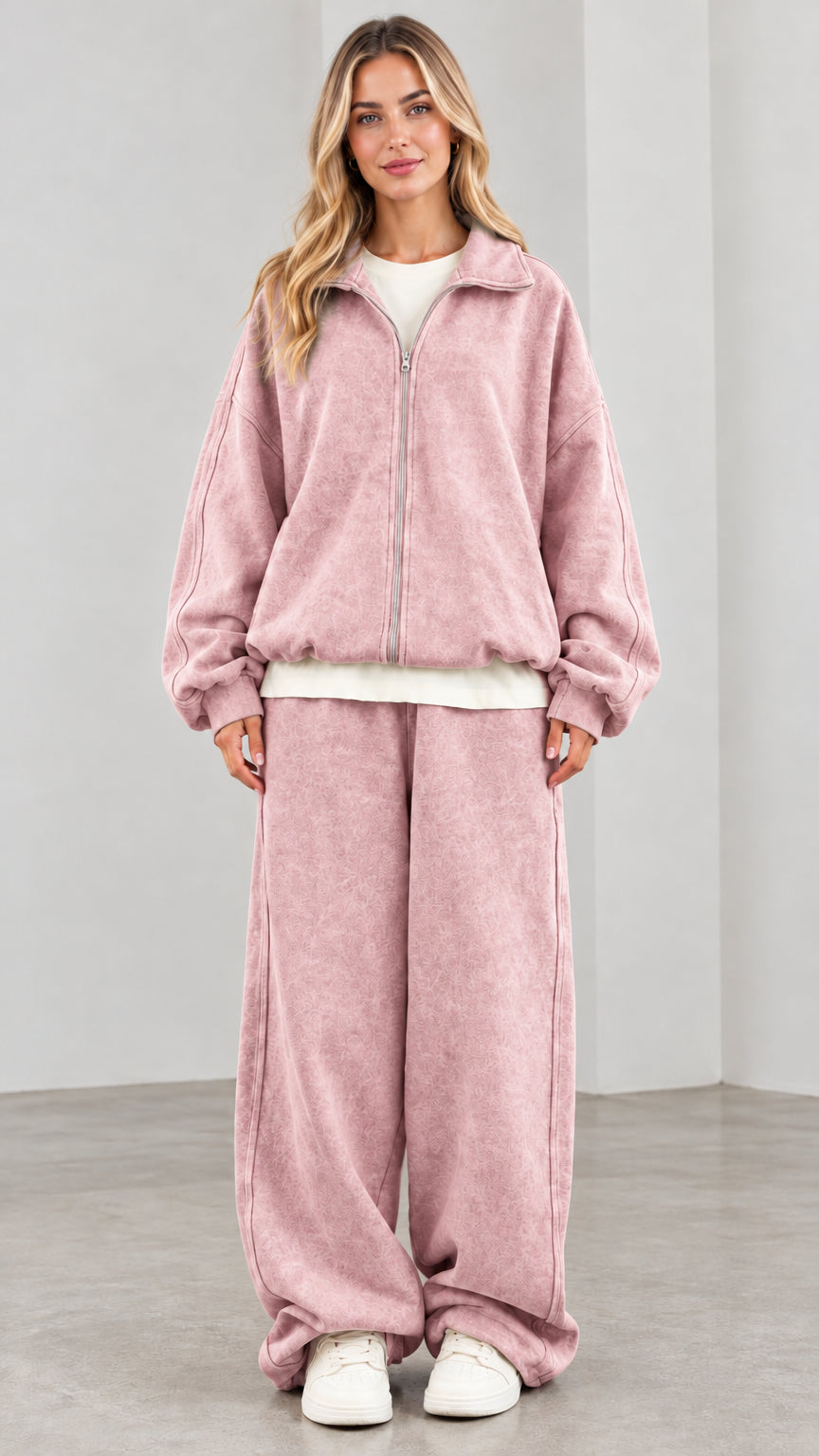 Women's dusty pink relaxed zip jacket and wide-leg sweatpants loungewear set