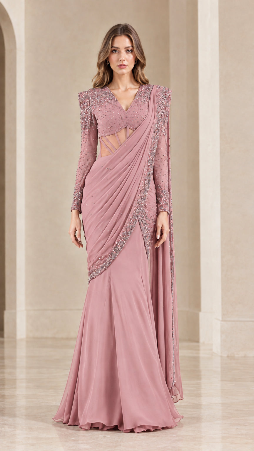 Model wearing dusty rose pink beaded draped saree formal dress with sheer waist detailing
