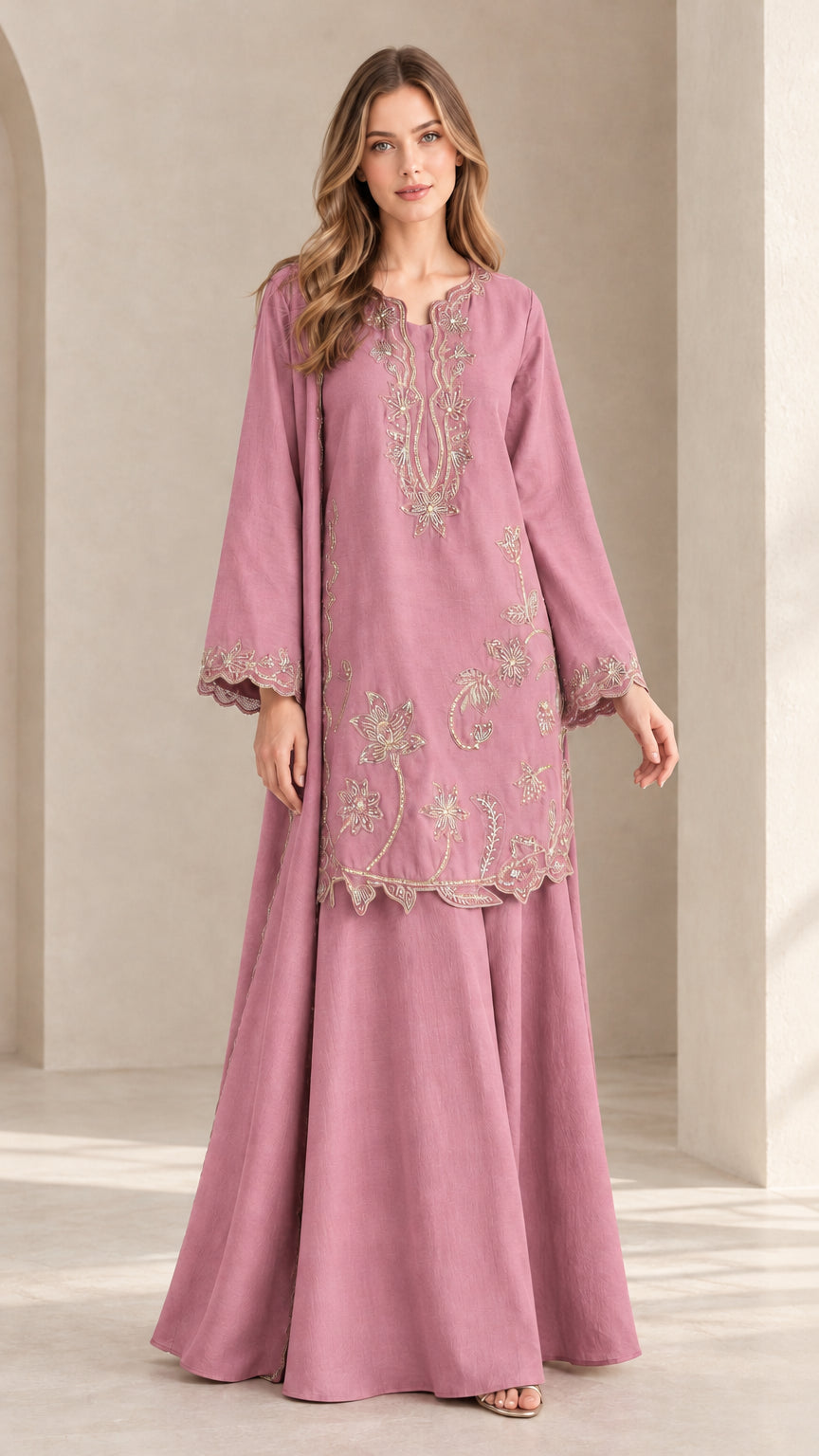Full front view of model in dusty rose embroidered tunic and maxi skirt set