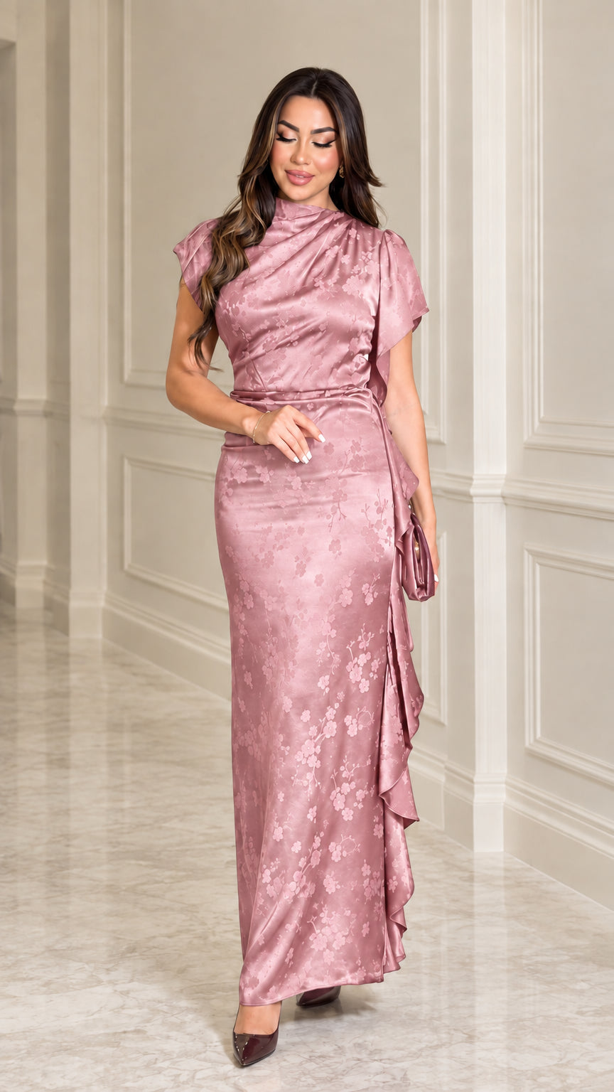 Front view of woman wearing Dusty Pink satin jacquard maxi dress