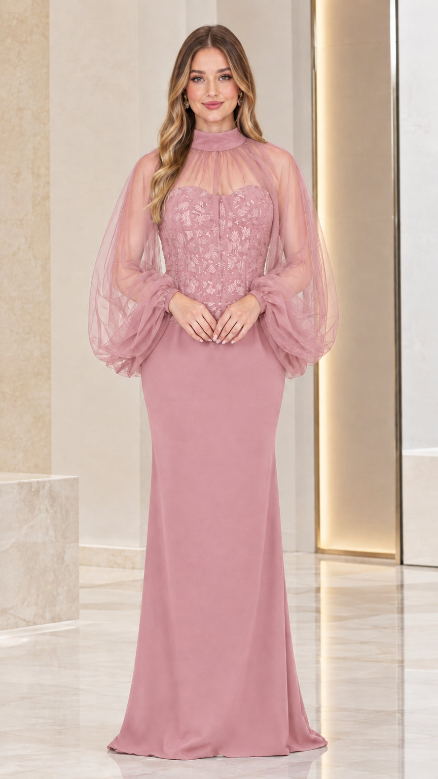 Dusty rose illusion neck evening gown with embroidered lace bodice