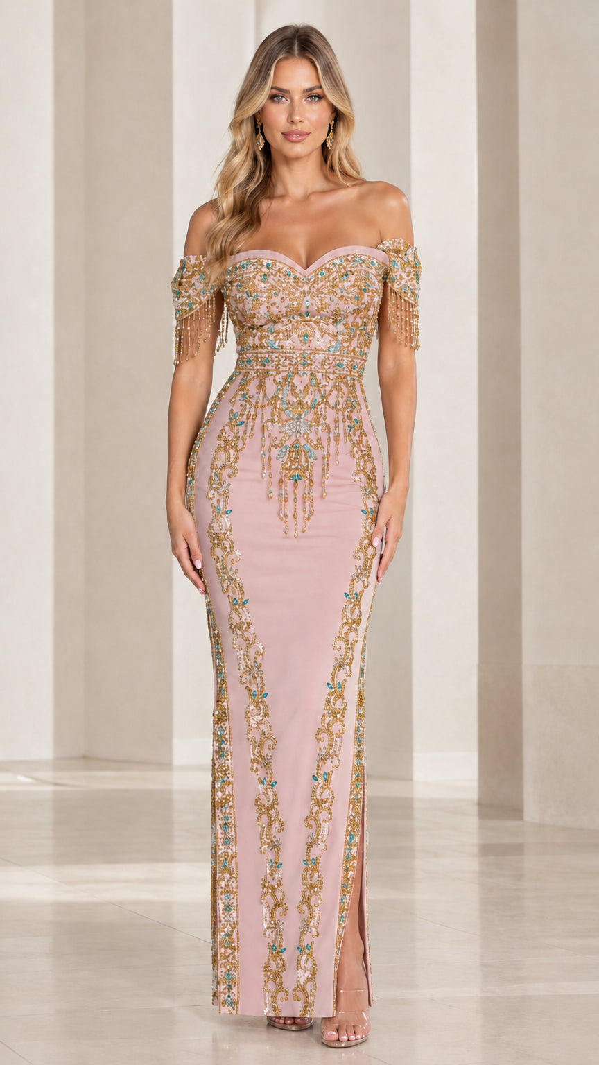 Blush pink formal column gown with gold baroque beading and off-the-shoulder fringe