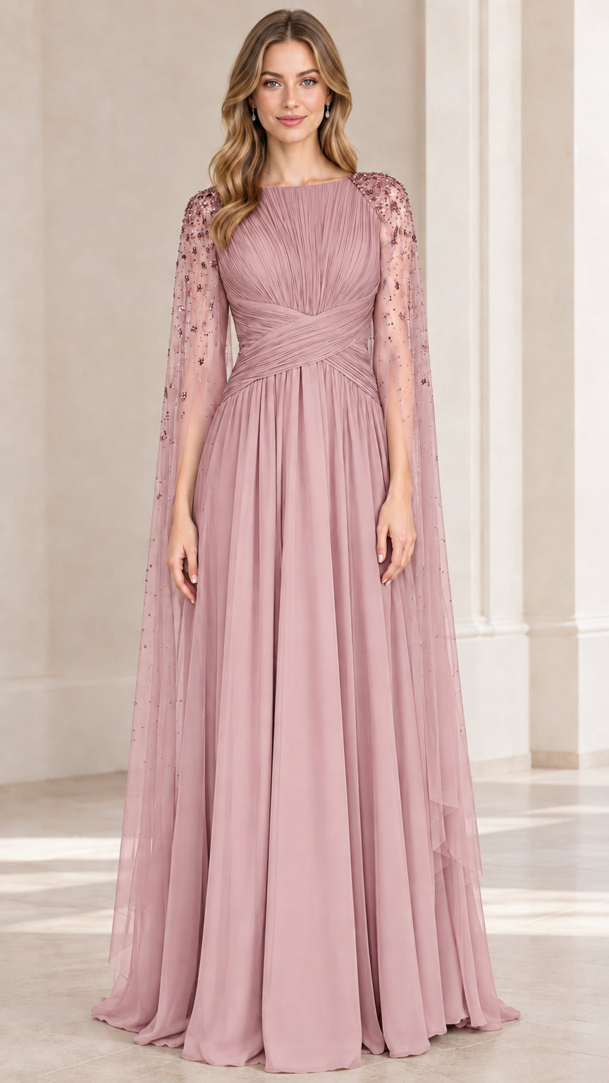 Dusty rose pleated evening gown with embellished cape sleeves