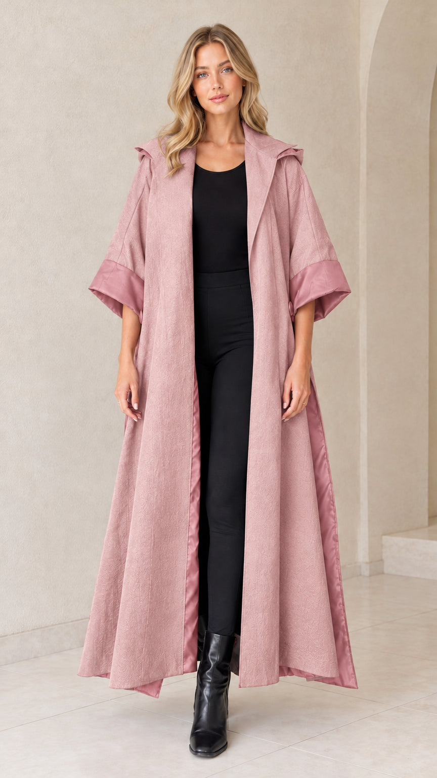 Front view of dusty pink hooded maxi duster coat