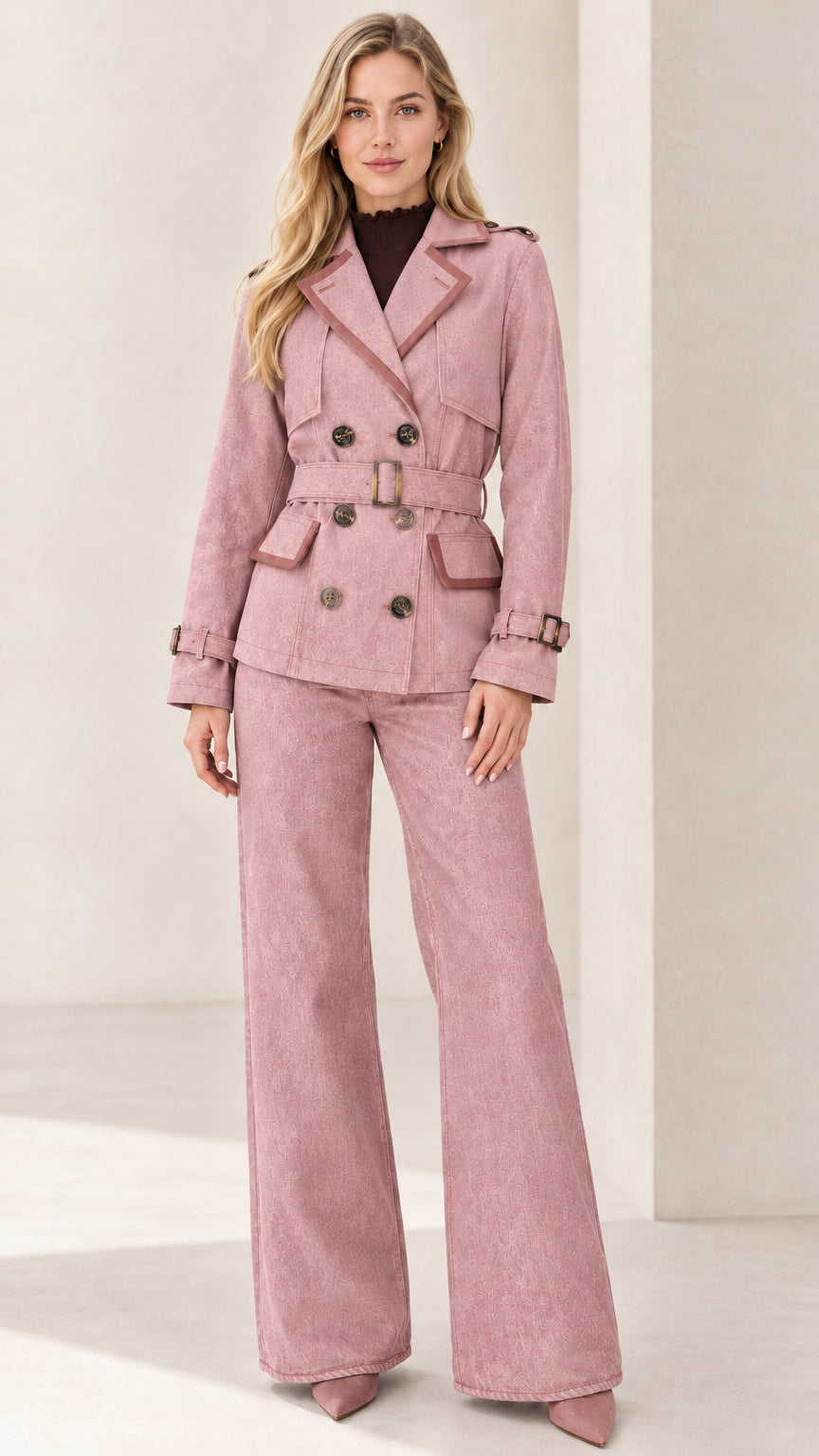 Full-length front view of dusty pink belted trench jacket and wide-leg trousers set