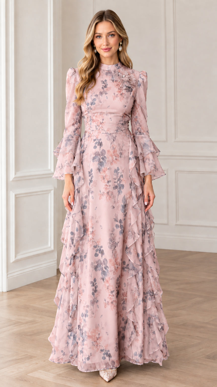 Full-length view of Dusty Pink floral print high neck ruffle maxi dress