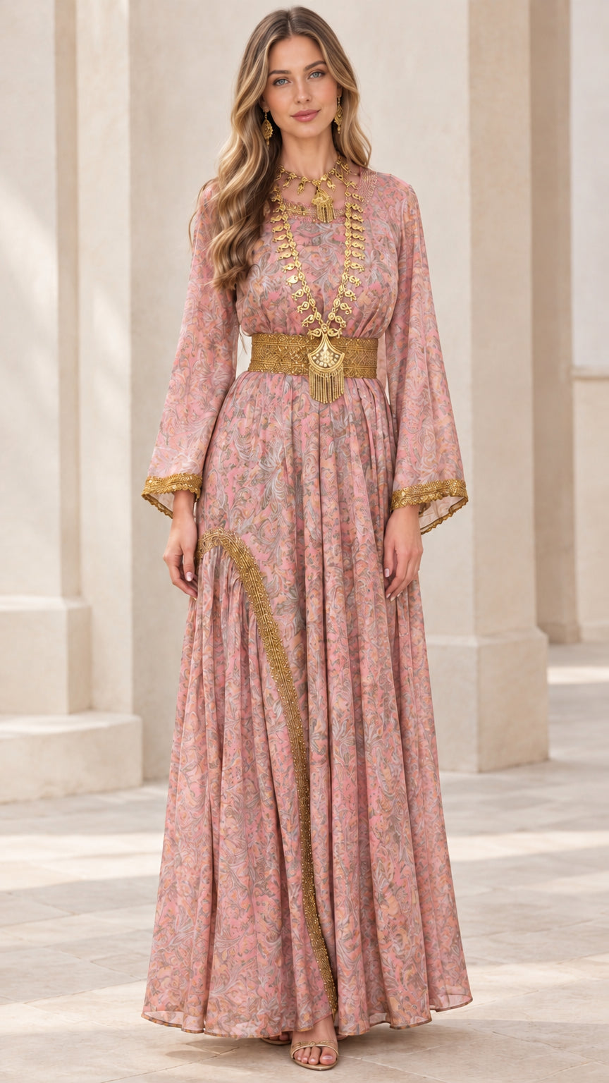 Dusty pink vintage paisley long bell sleeve maxi dress