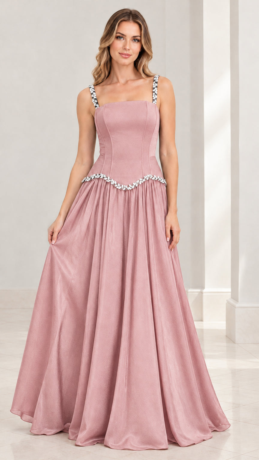 Model wearing the dusty pink basque waist formal evening gown