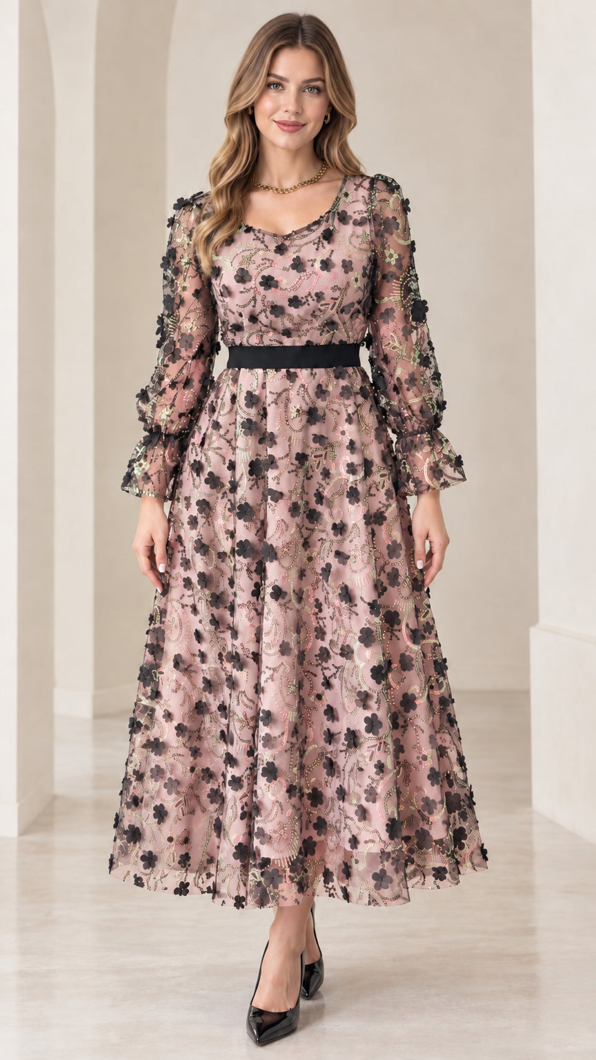 Front view of dusty pink 3D floral sequin long sleeve midi dress