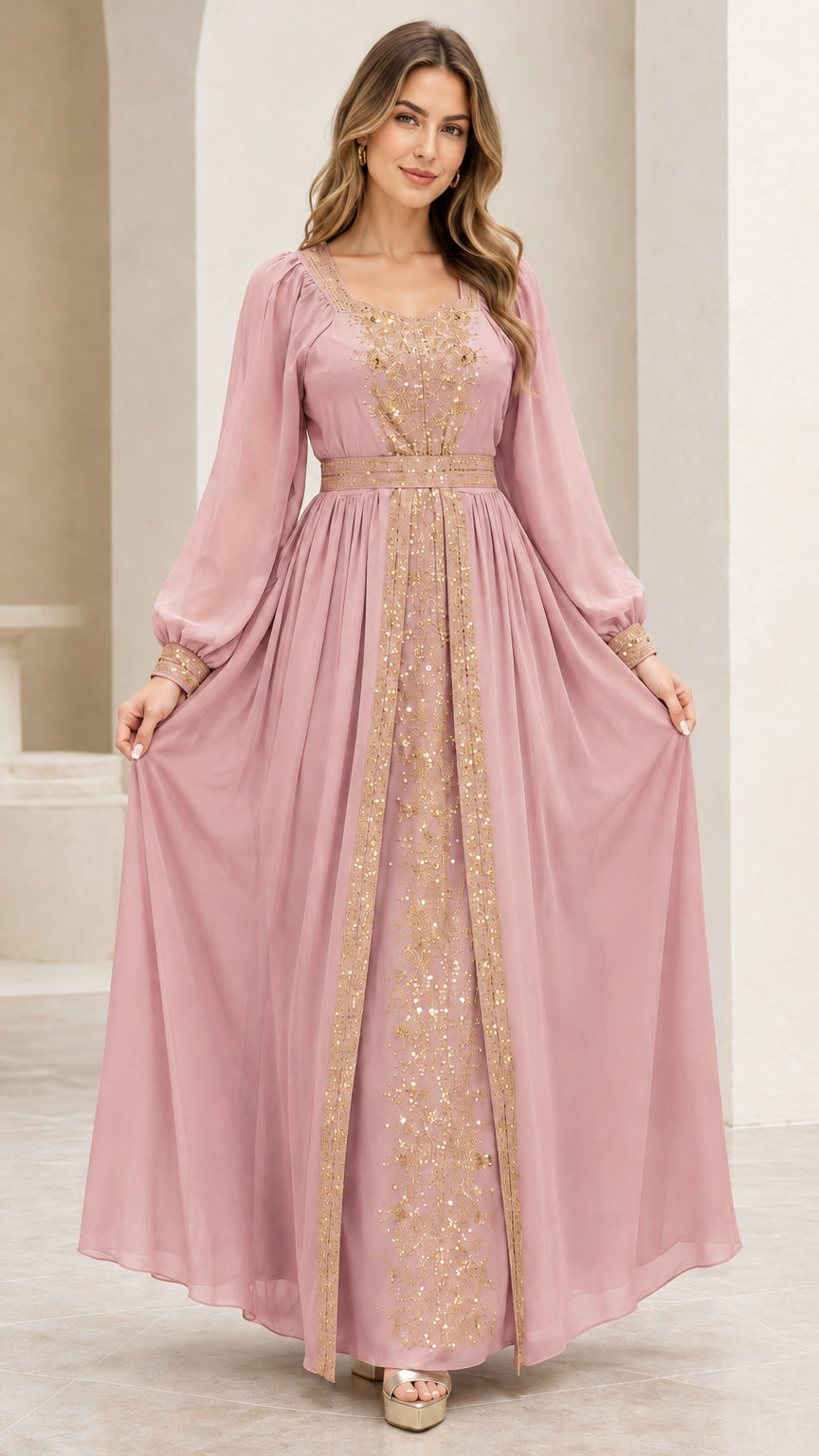 Front view of Dusty Pink long sleeve formal maxi dress with gold sequin details