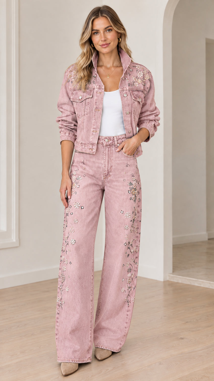 Model wearing dusty pink pearl embellished denim jacket and wide-leg jeans set