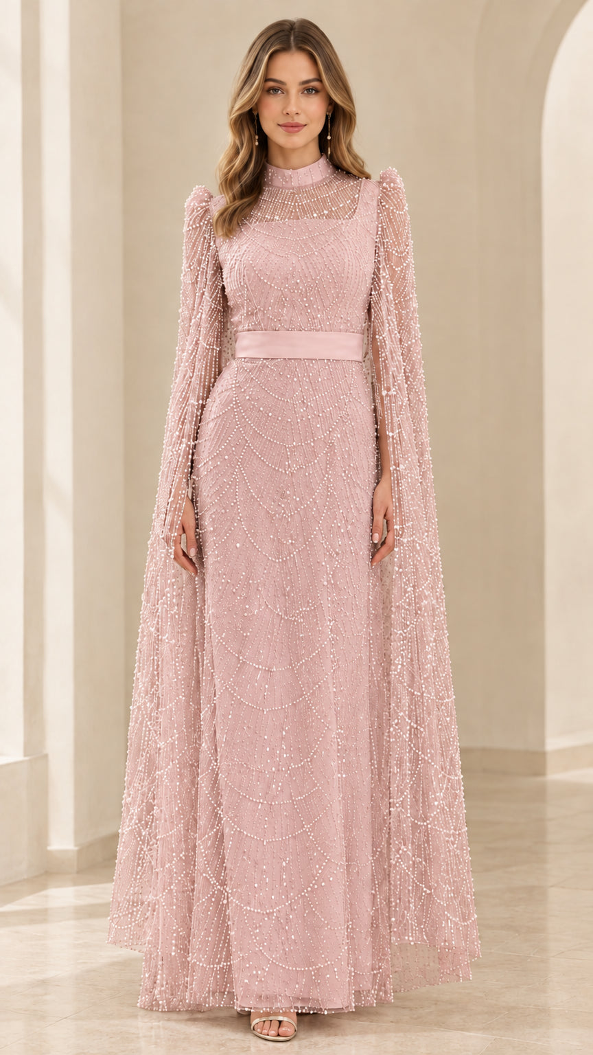 Blush pink beaded cape sleeve formal evening dress