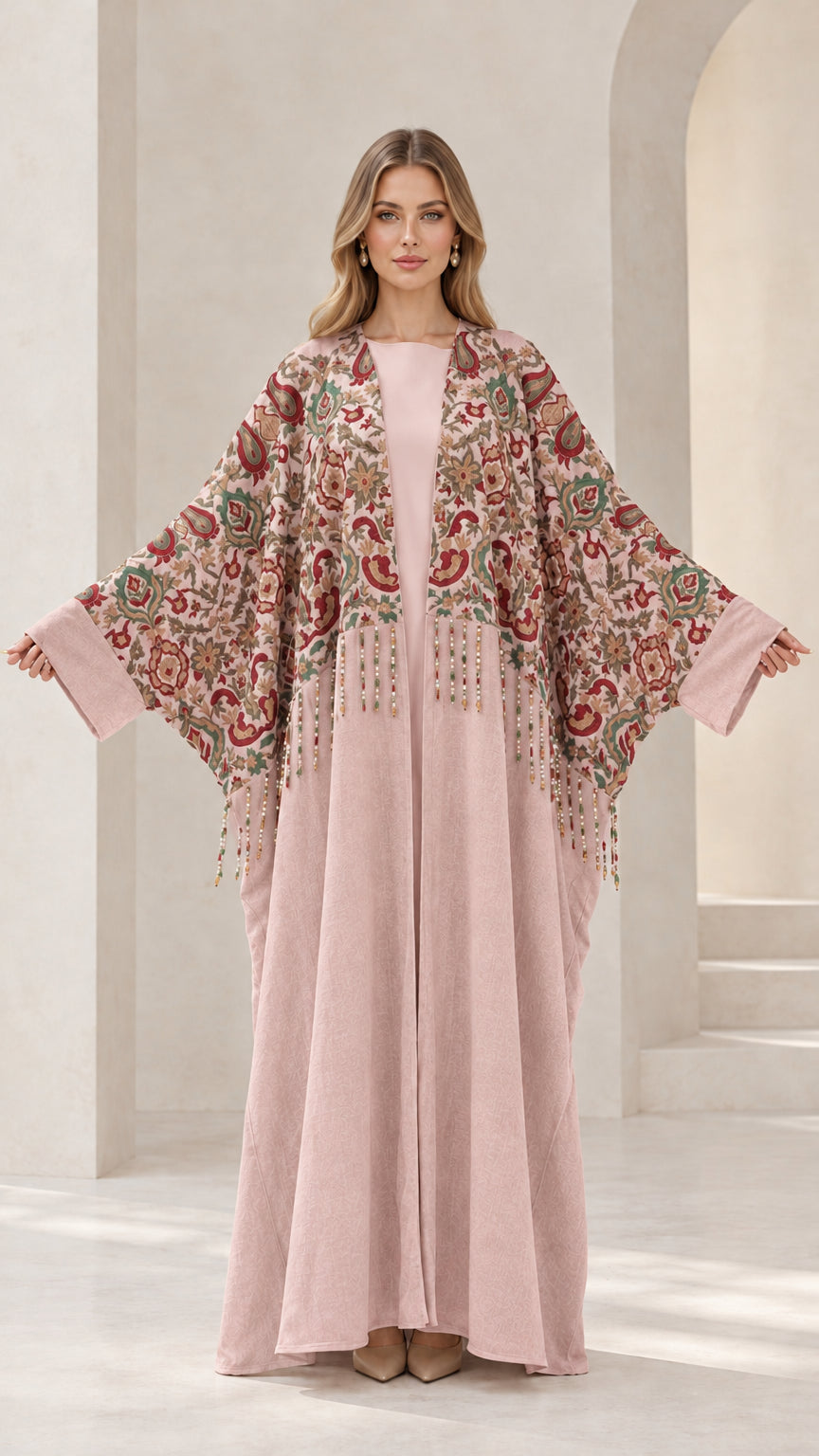 Front view of dusty pink floral embroidered abaya maxi dress