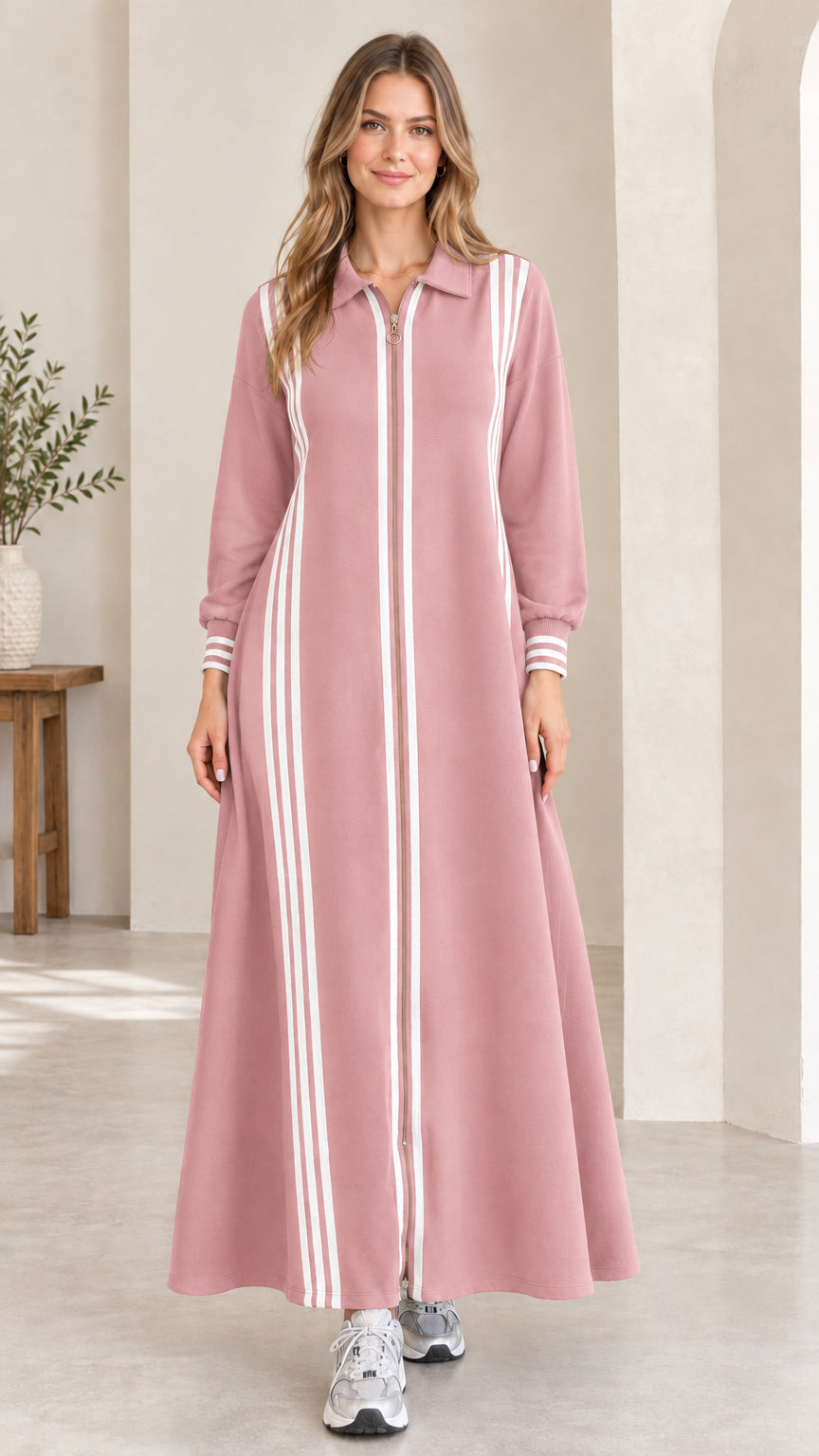 Front view of dusty pink striped zip-front long sleeve maxi track dress