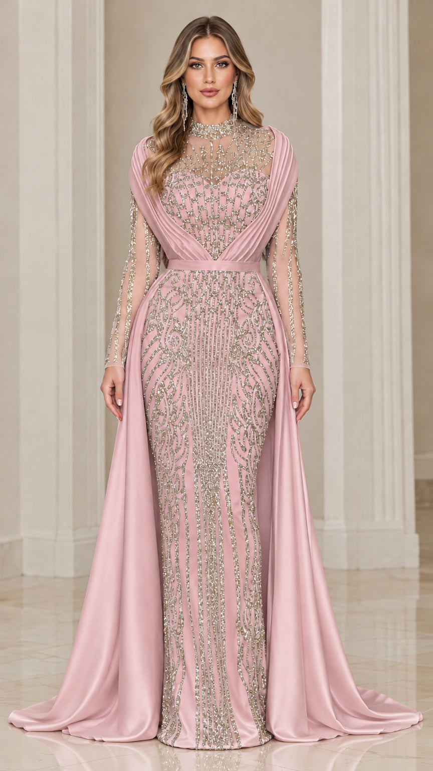Blush pink beaded long sleeve formal gown with satin waist drape and train