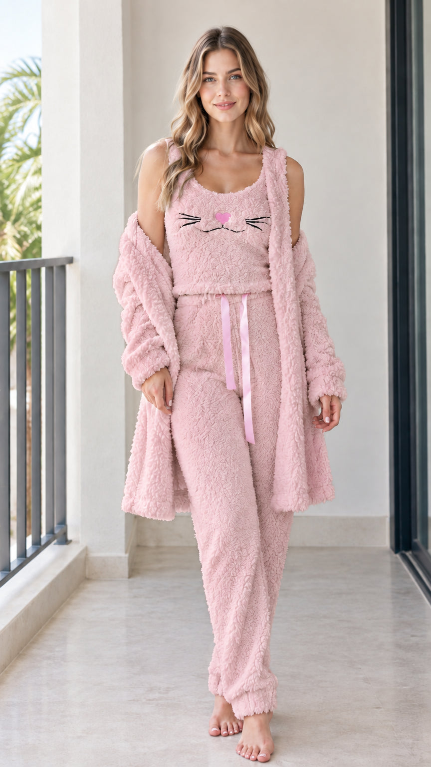 Full front view of dusty pink 3-piece fluffy fleece cat embroidery pajama set
