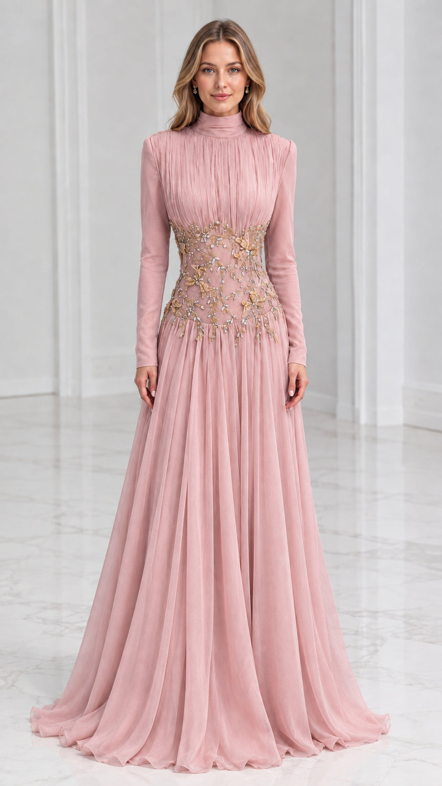 Front view of model wearing Dusty Pink high-neck long sleeve formal gown