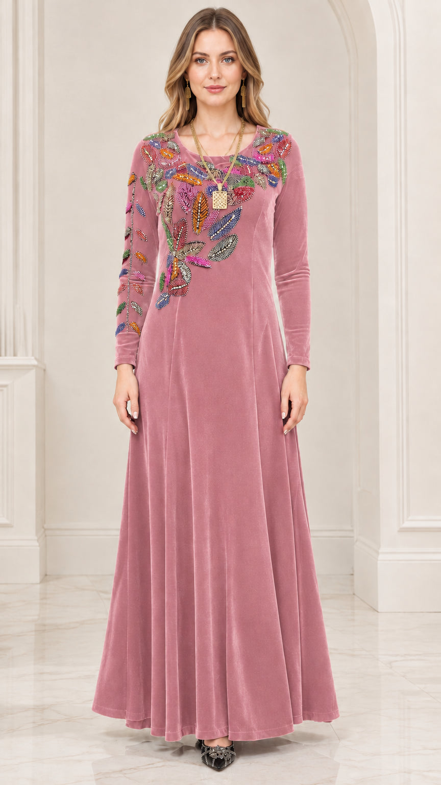 Front view of dusty rose velvet long sleeve evening dress