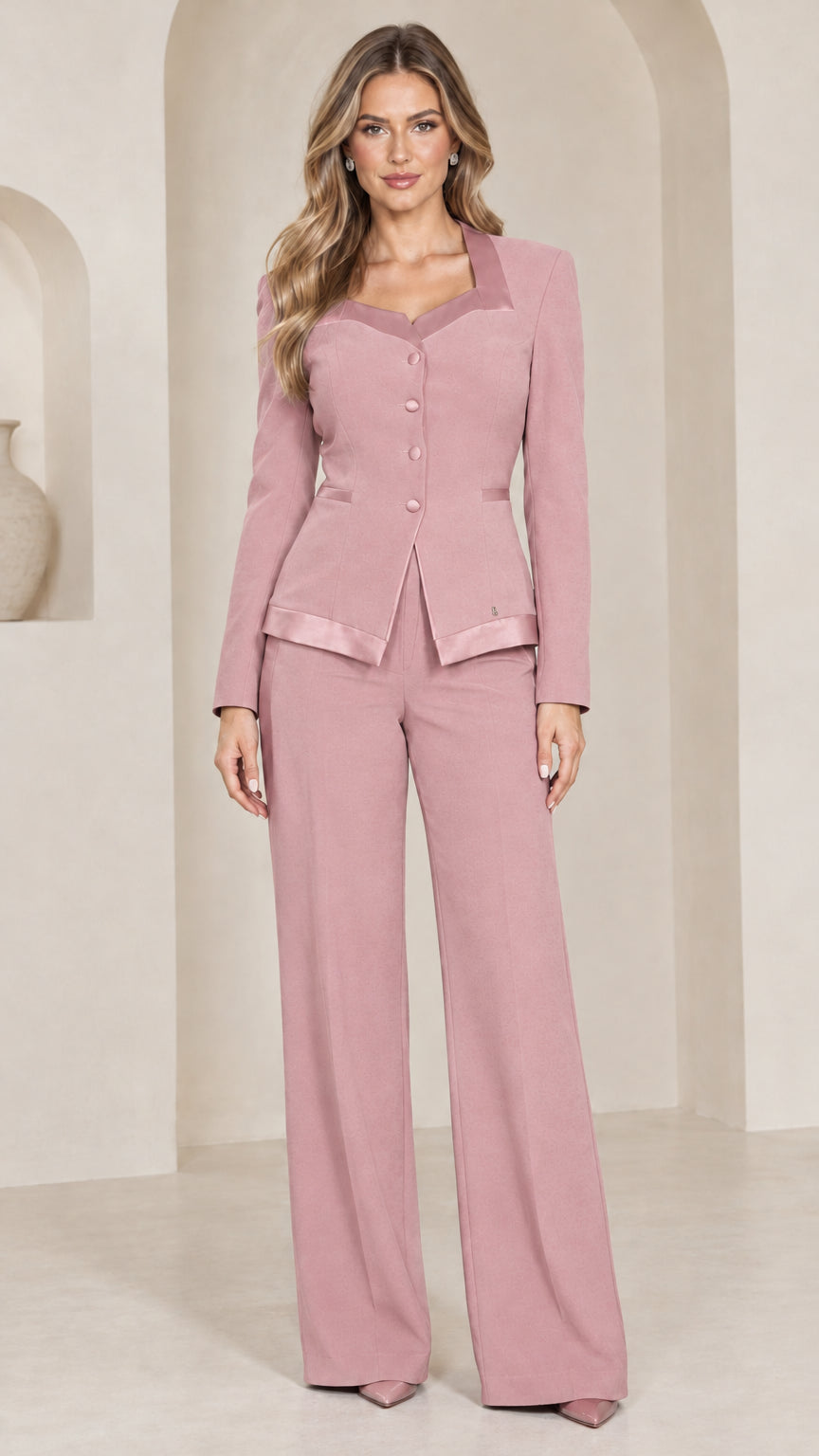 Front view of dusty pink satin-trimmed two-piece blazer and trouser suit set