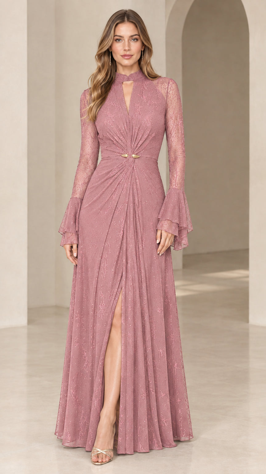 Dusty Rose lace evening dress with cinched waist hardware and flared bell sleeves
