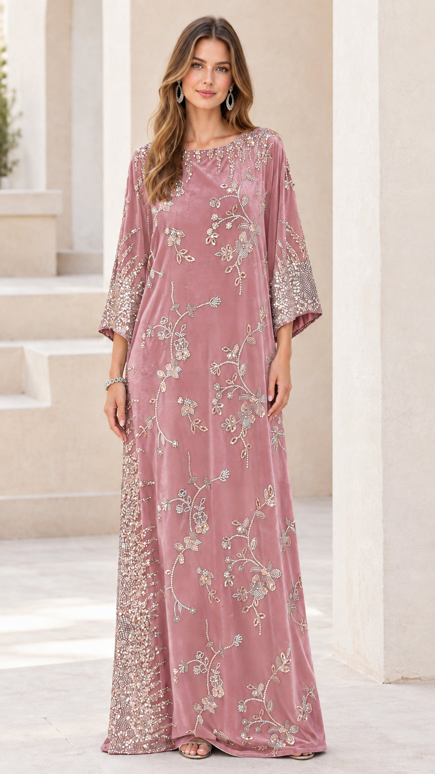 Front view of dusty pink embellished velvet kaftan maxi dress