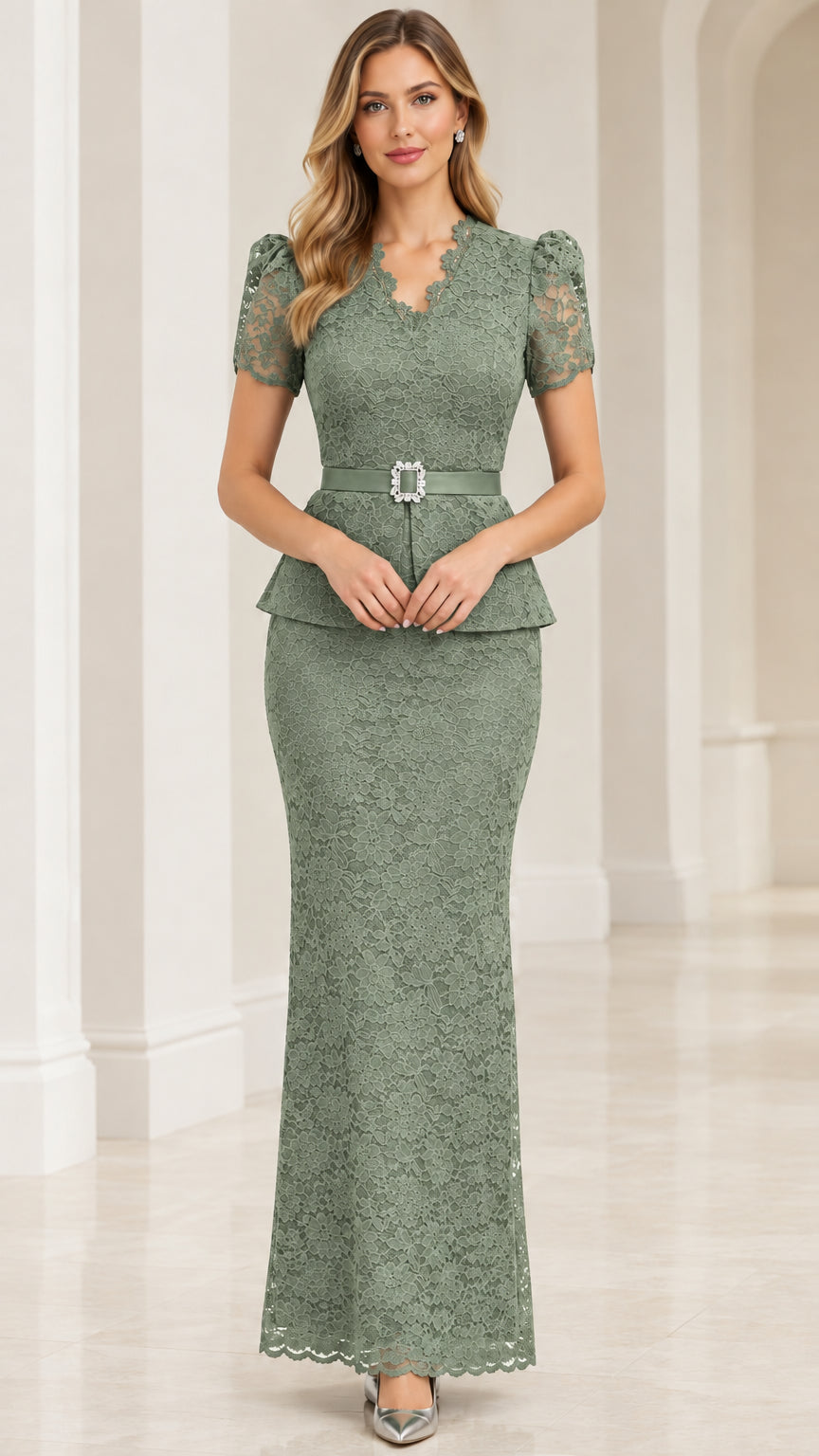 Model wearing sage green floral lace belted peplum evening dress