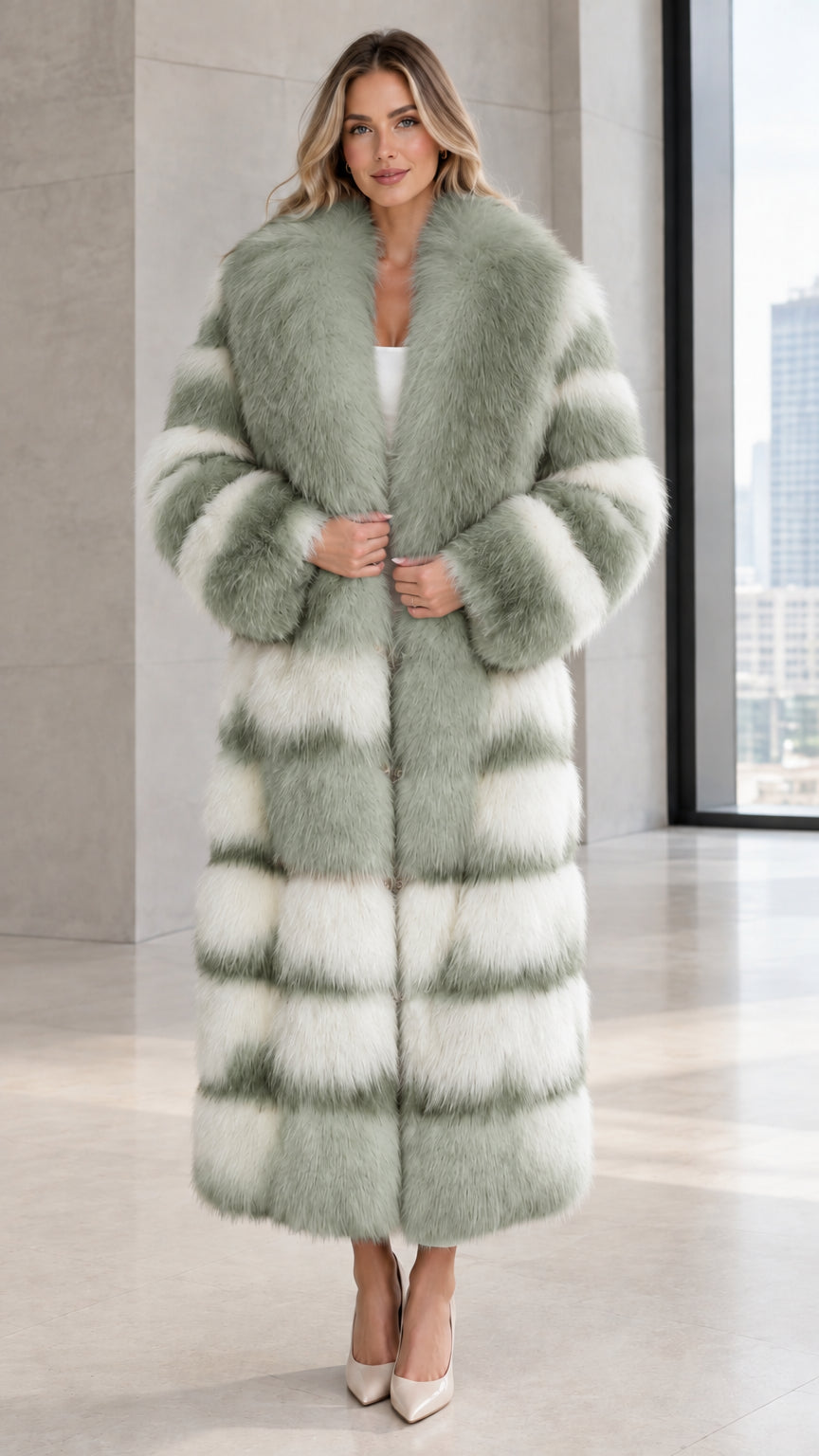 Front view of woman wearing sage green striped maxi faux fur coat