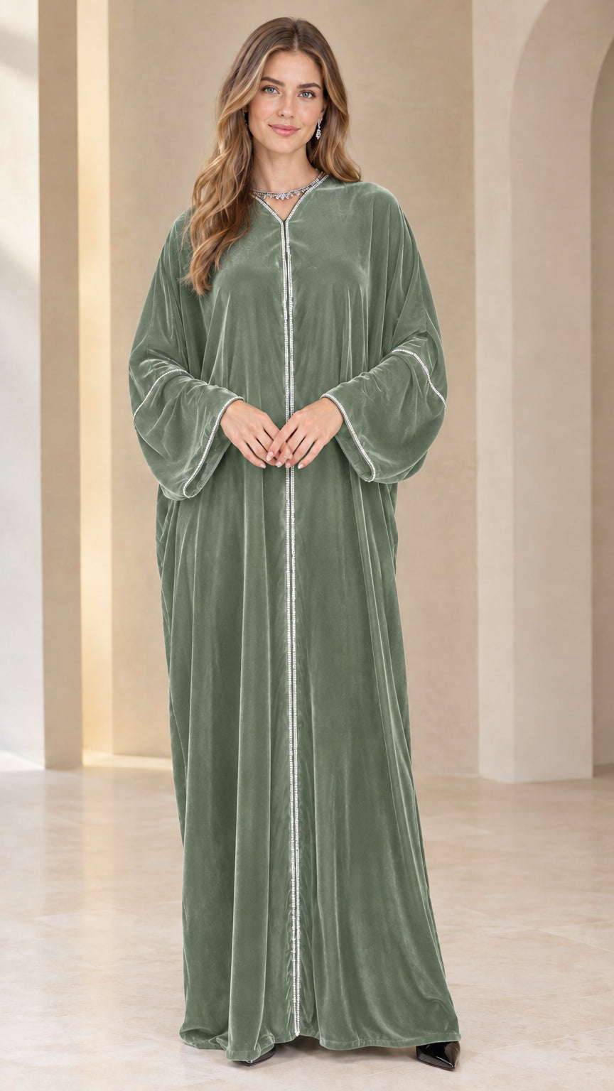 Sage green velvet long kaftan dress front view