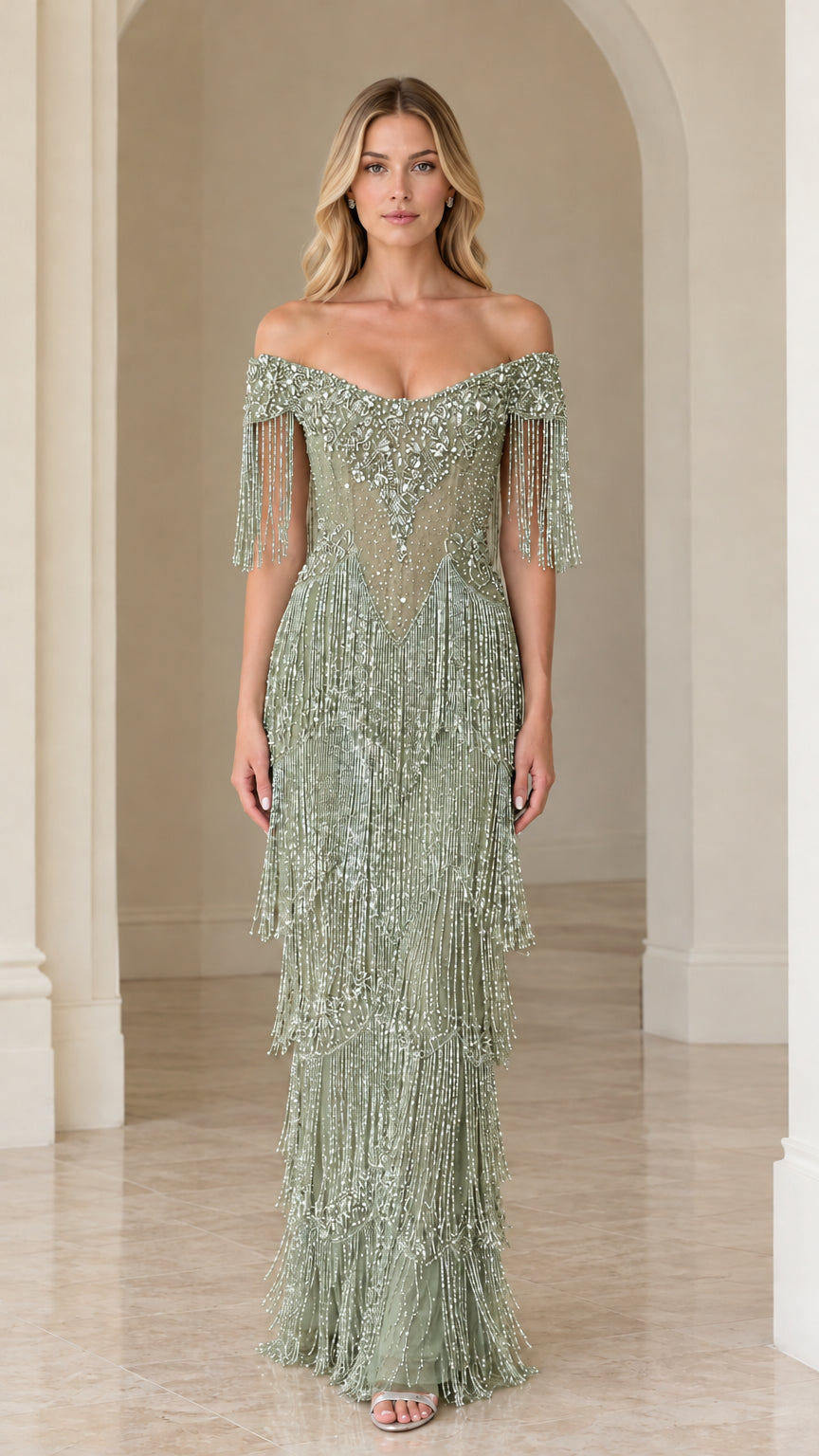 Full-length view of woman wearing sage green off-the-shoulder beaded fringe evening gown