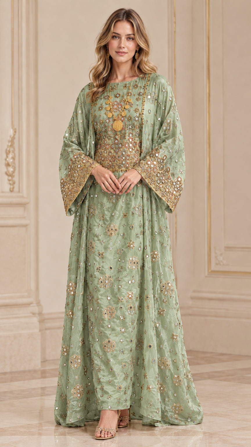 Front full-length view of woman wearing Sage Green embroidered kaftan maxi dress