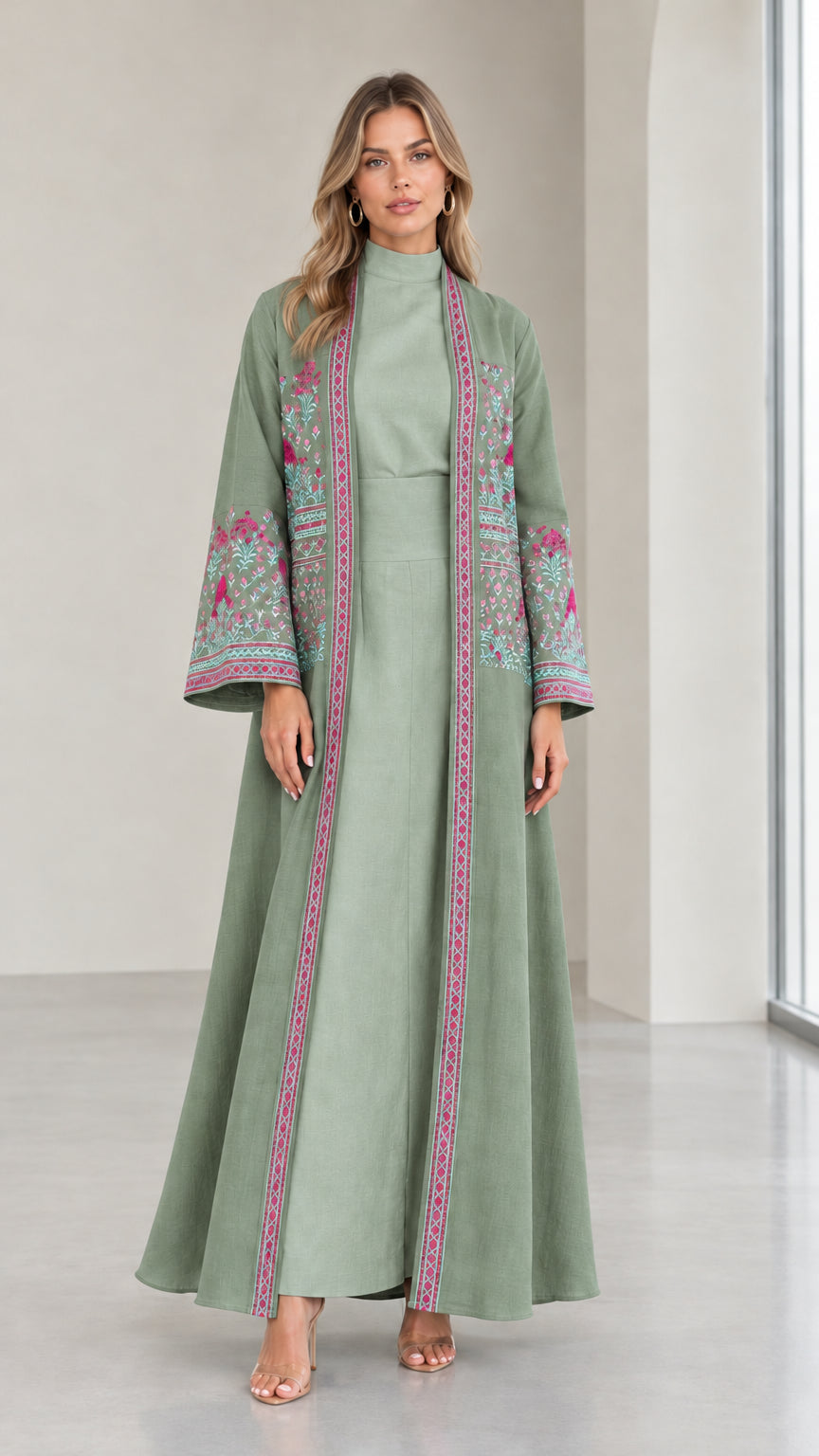 Front view of woman wearing Sage Green embroidered two-piece abaya set