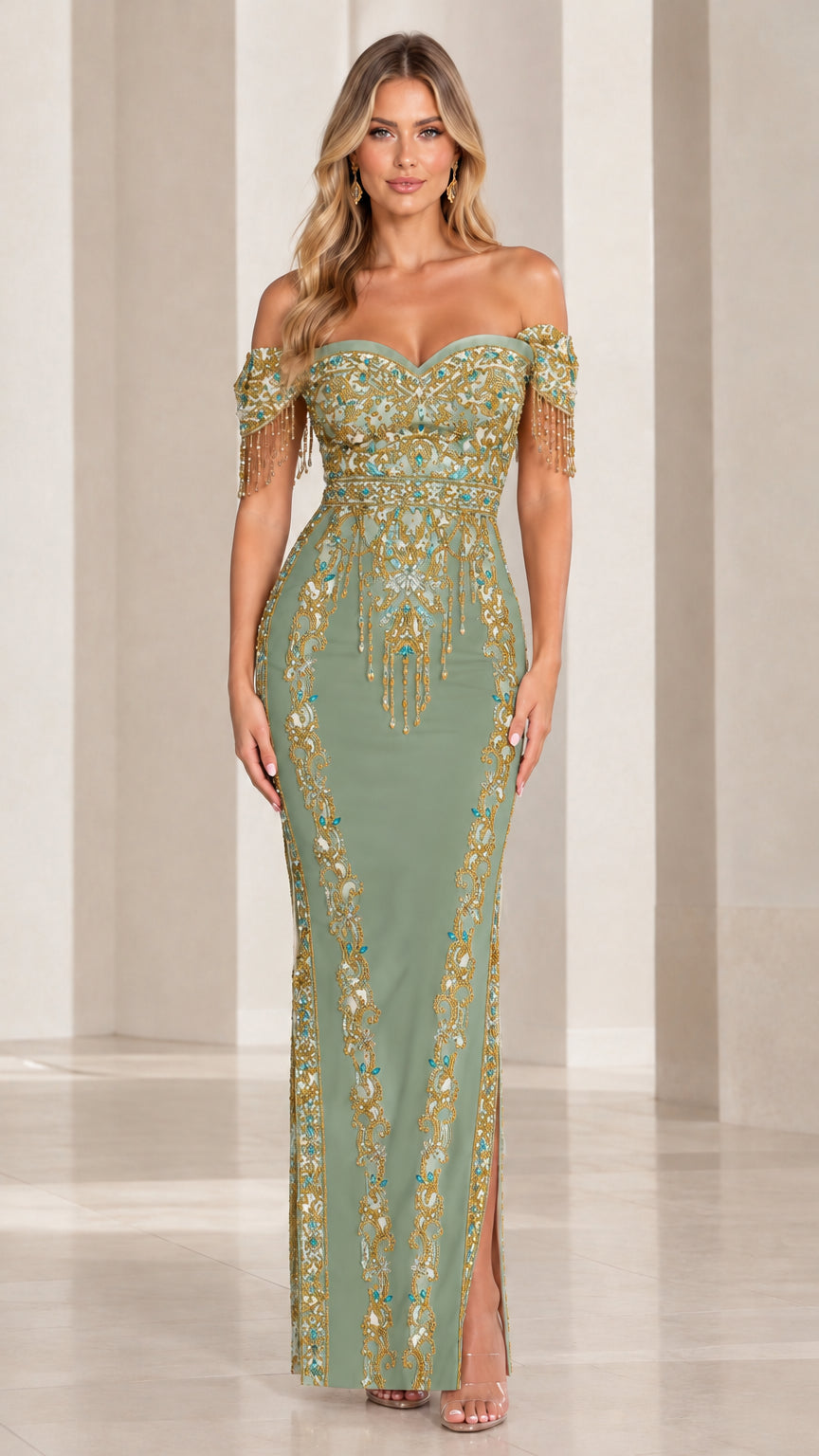 Sage green beaded maxi dress with off-the-shoulder neckline and side leg slit
