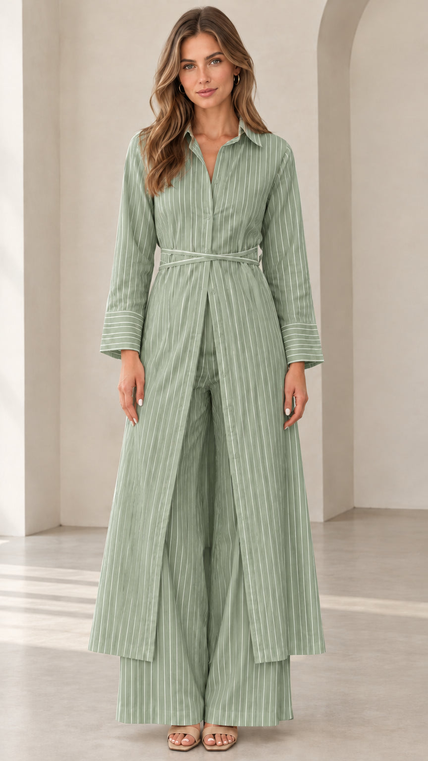 Woman wearing Sage Green pinstripe longline tunic and wide-leg pant two-piece set