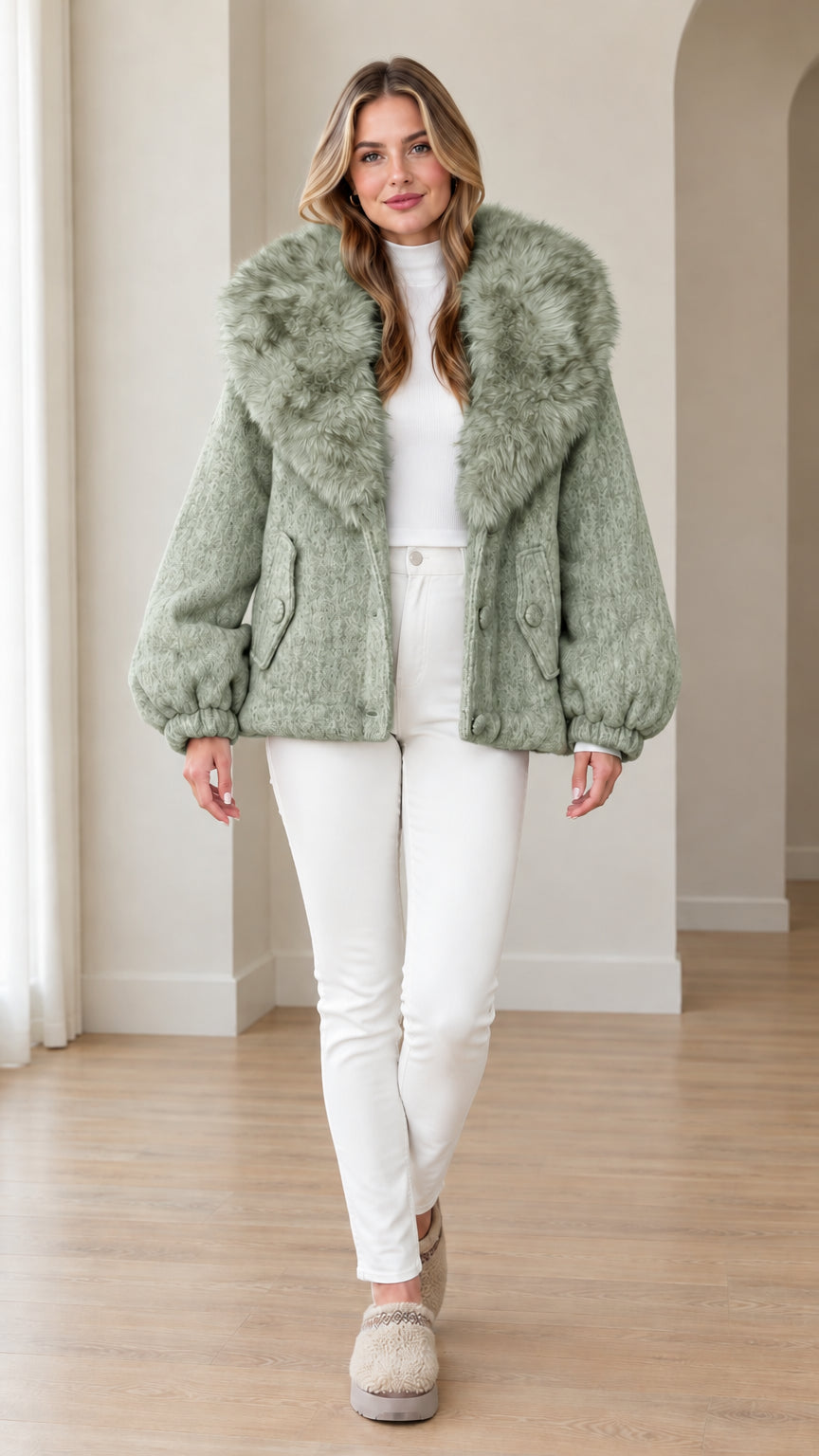 Front view of woman wearing sage green faux fur trim jacket