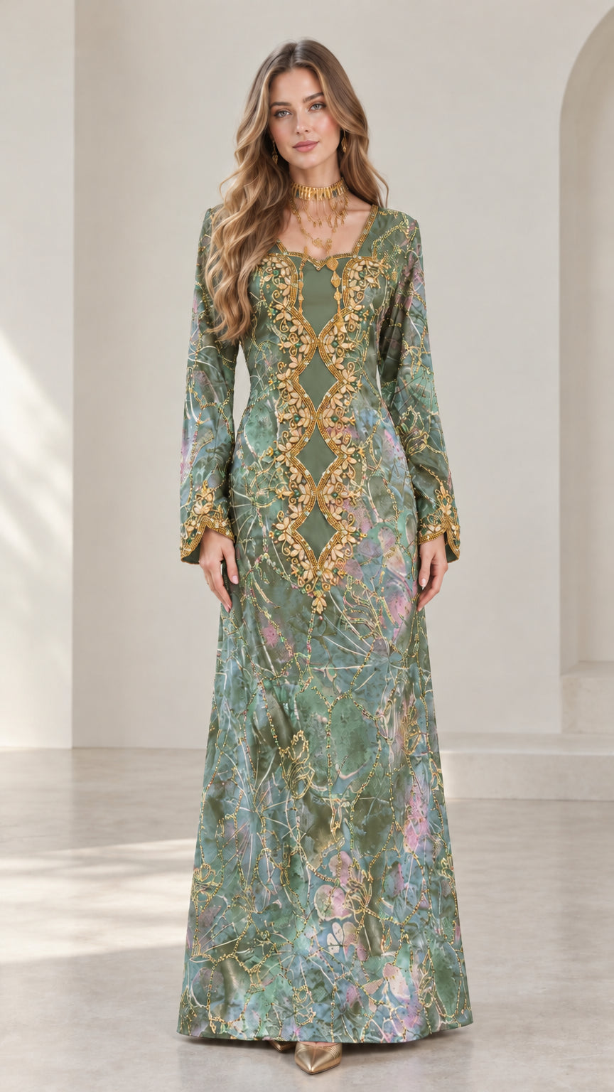 Front full-length view of sage green embellished long sleeve kaftan dress