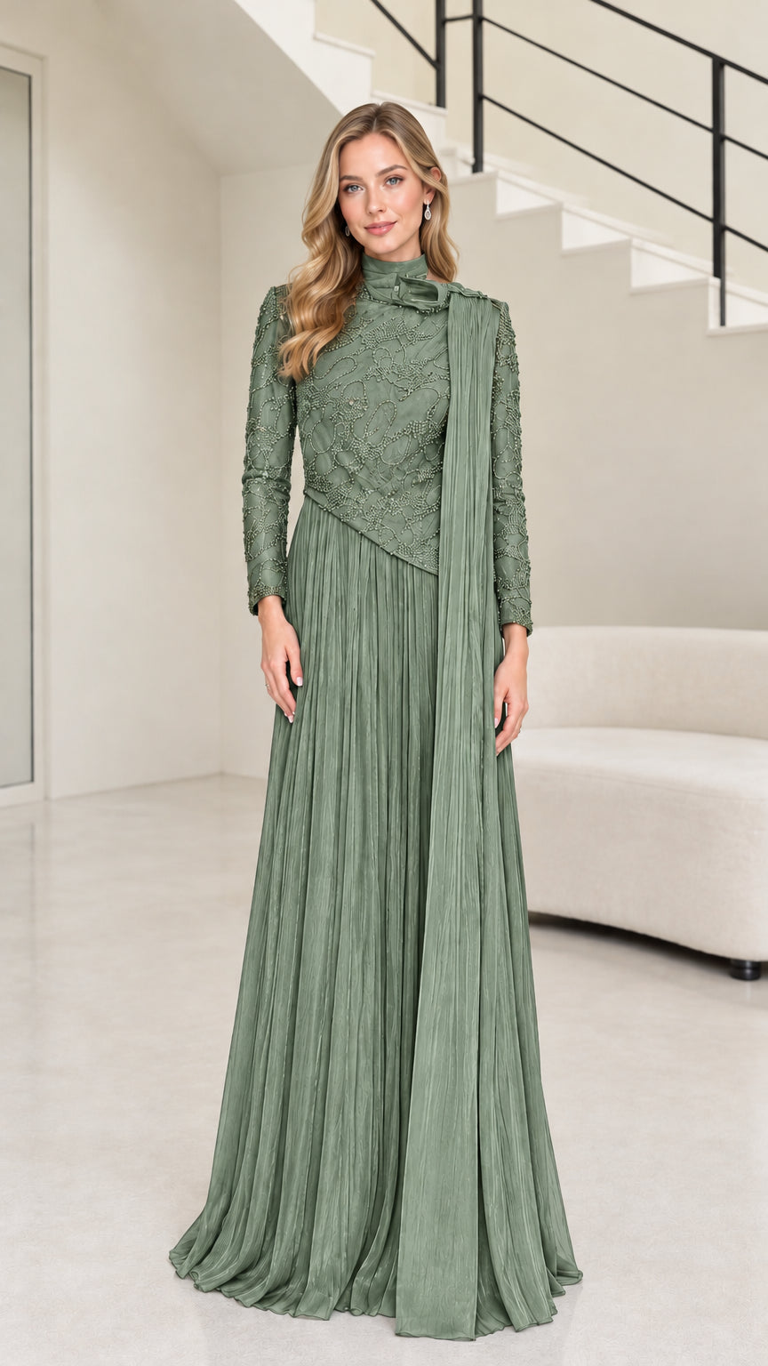 Front full-length view of sage green long sleeve beaded pleated formal evening gown
