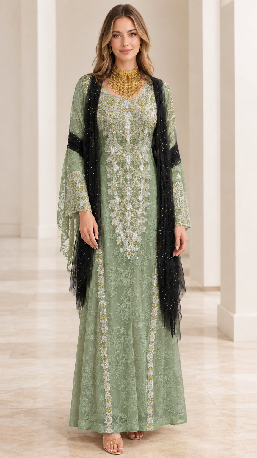 Sage Green embroidered lace kaftan maxi gown with draped scarf