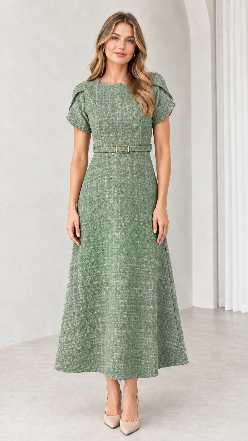 Front view of sage green textured tweed belted A-line midi dress