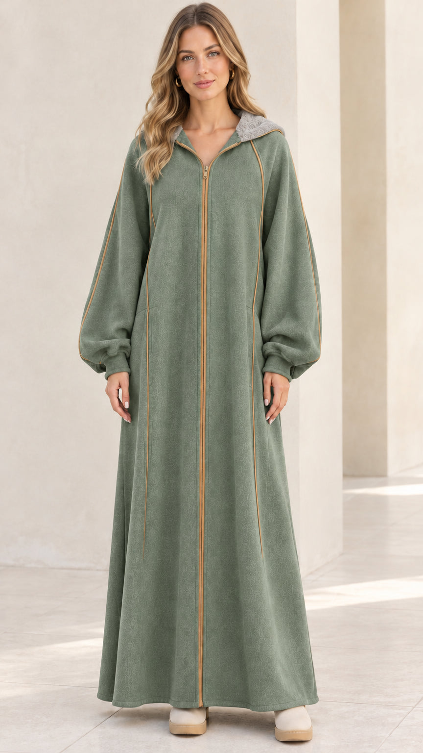 Front view of model wearing sage green hooded zip-front fleece maxi robe