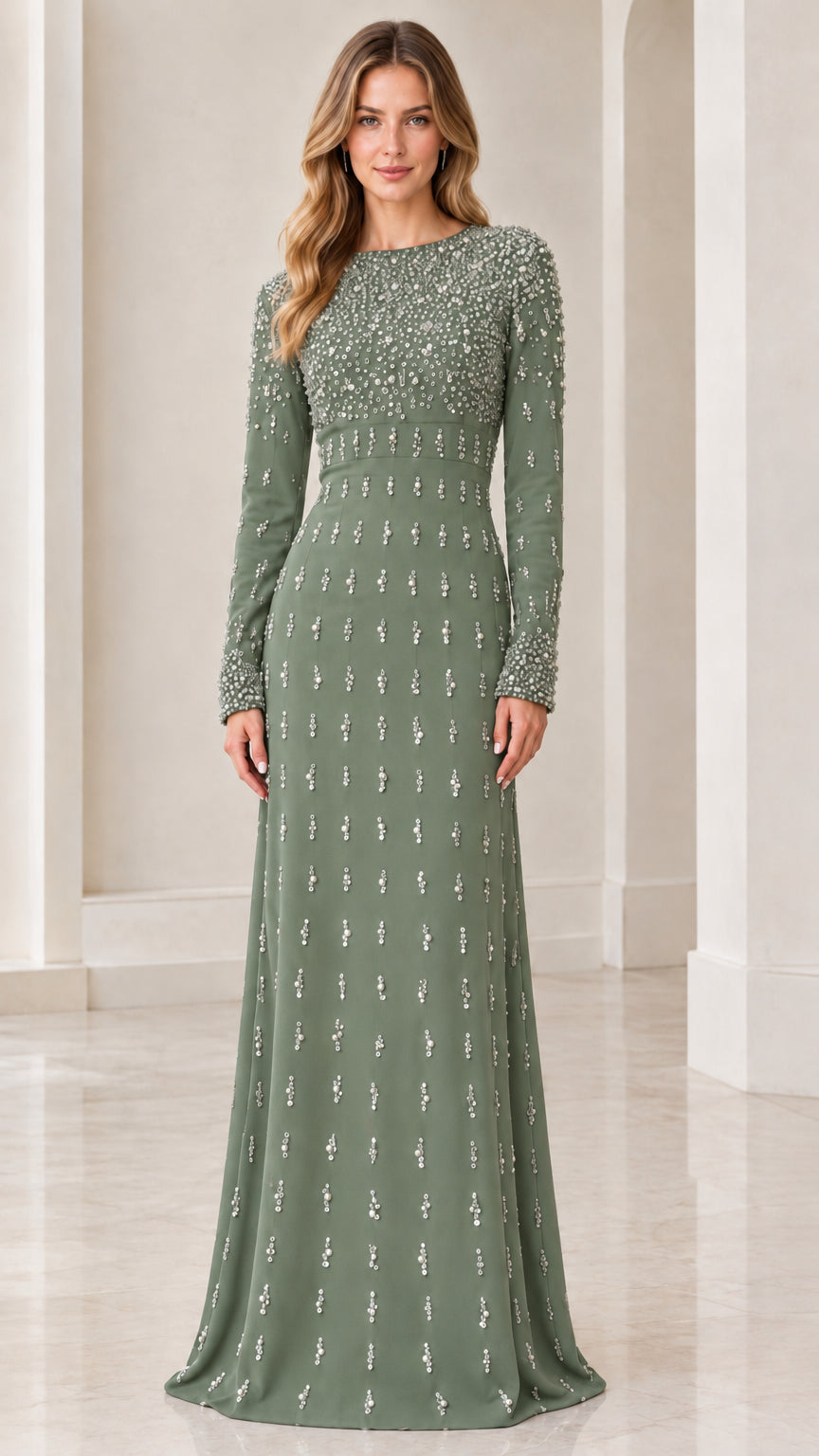 Front view of woman wearing Sage Green beaded long-sleeve evening gown