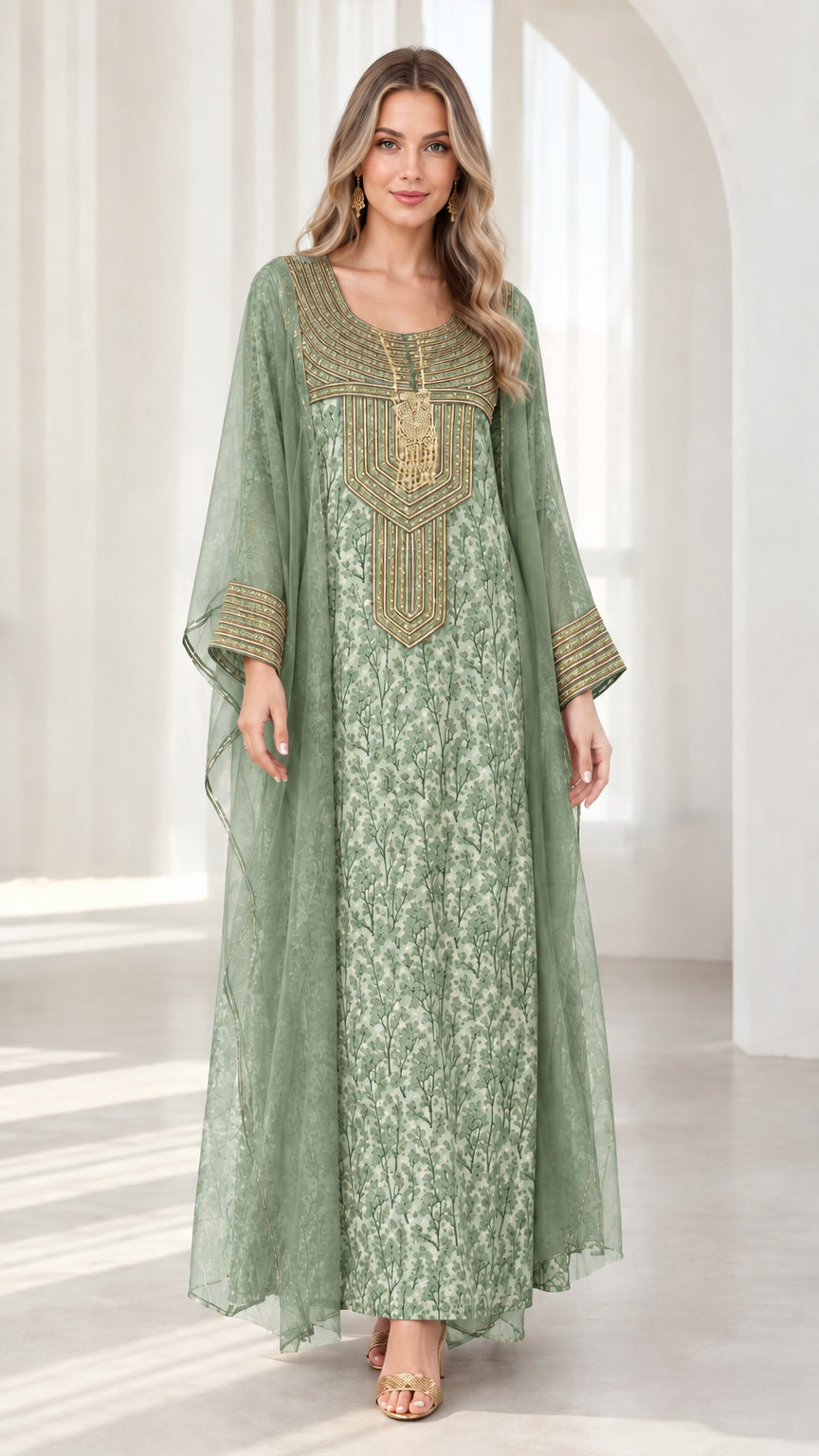Sage green embroidered cape maxi kaftan dress front view
