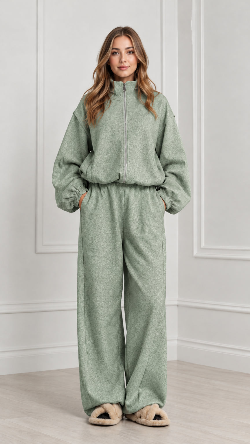 Women's sage green matching zip sweatshirt and sweatpants set