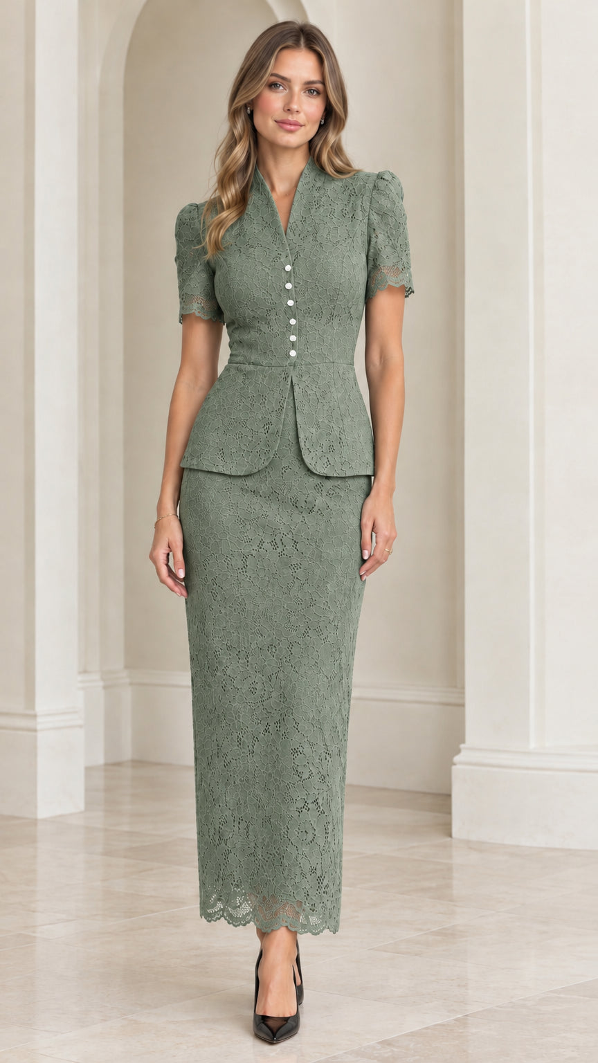 Front view of model wearing sage green lace two-piece formal skirt set