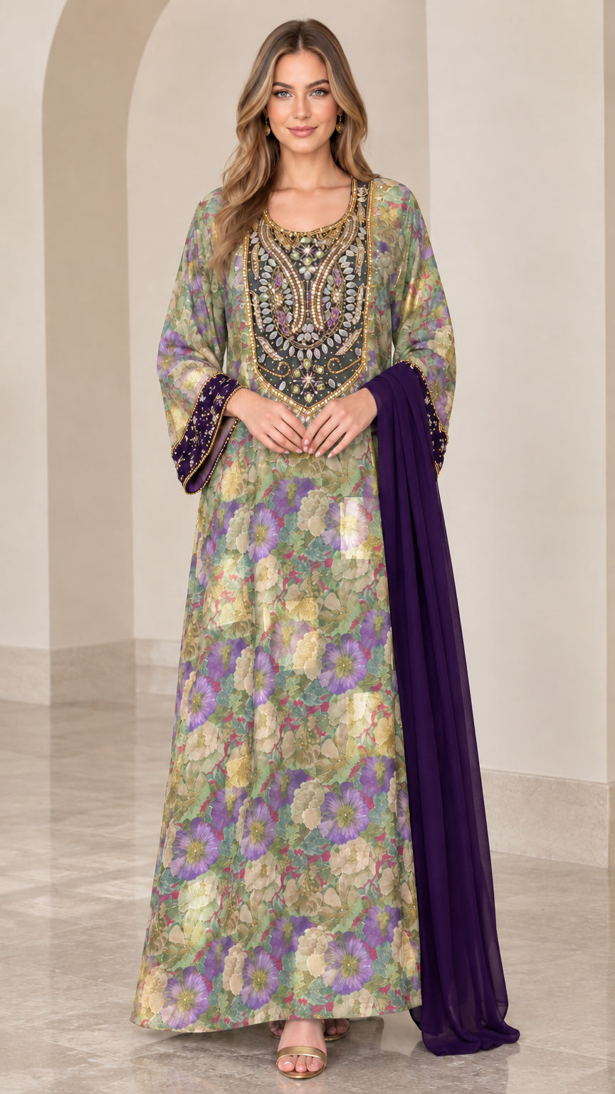 Sage green floral embellished kaftan dress with contrasting side drape