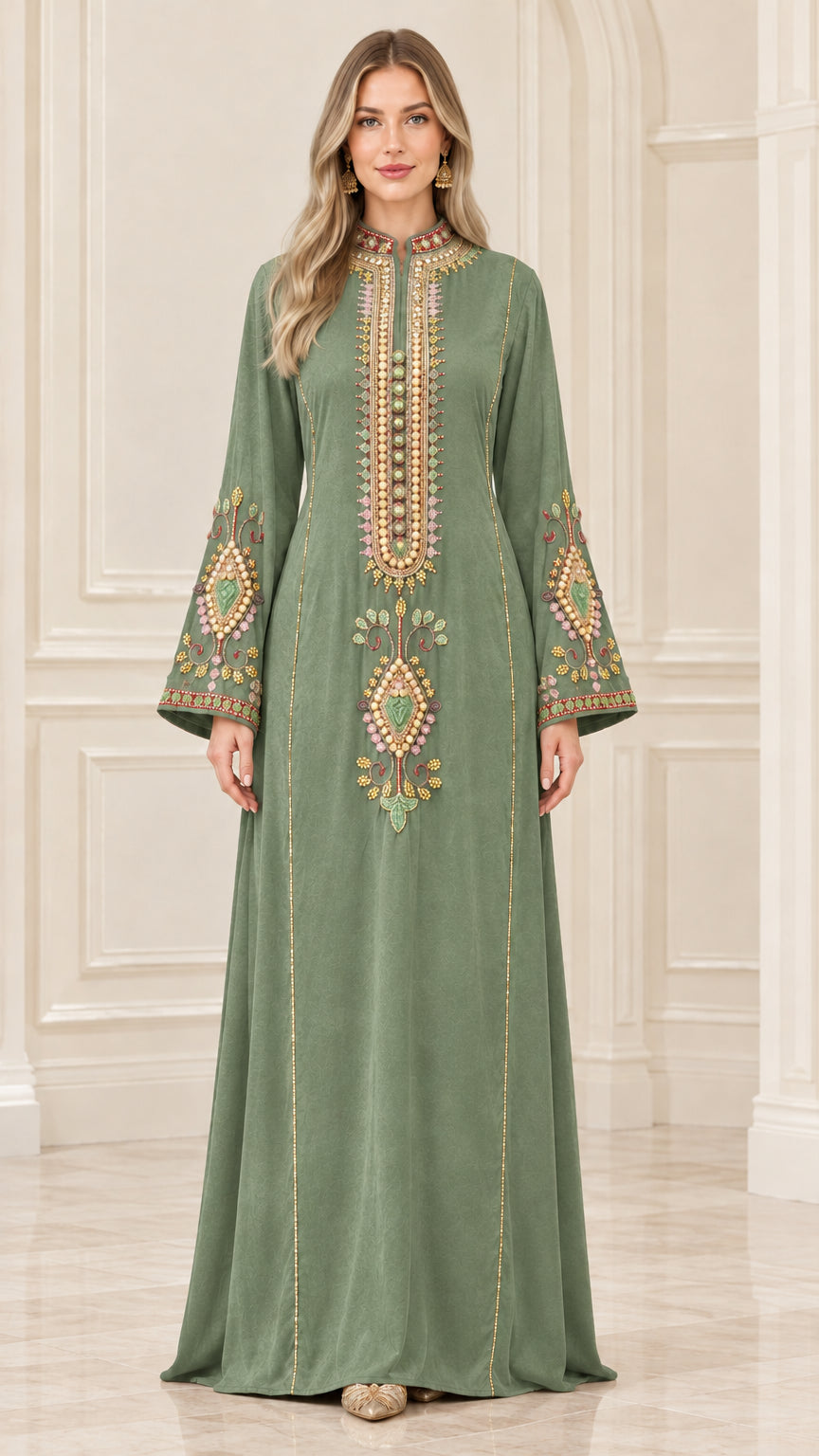 Full front view of sage green velvet embroidered long sleeve kaftan dress