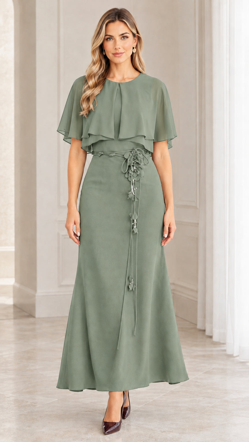 Front view of sage green chiffon capelet maxi dress