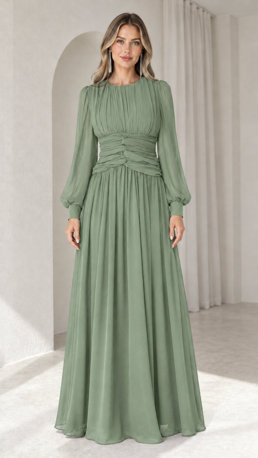 Sage green long sleeve A-line chiffon evening dress