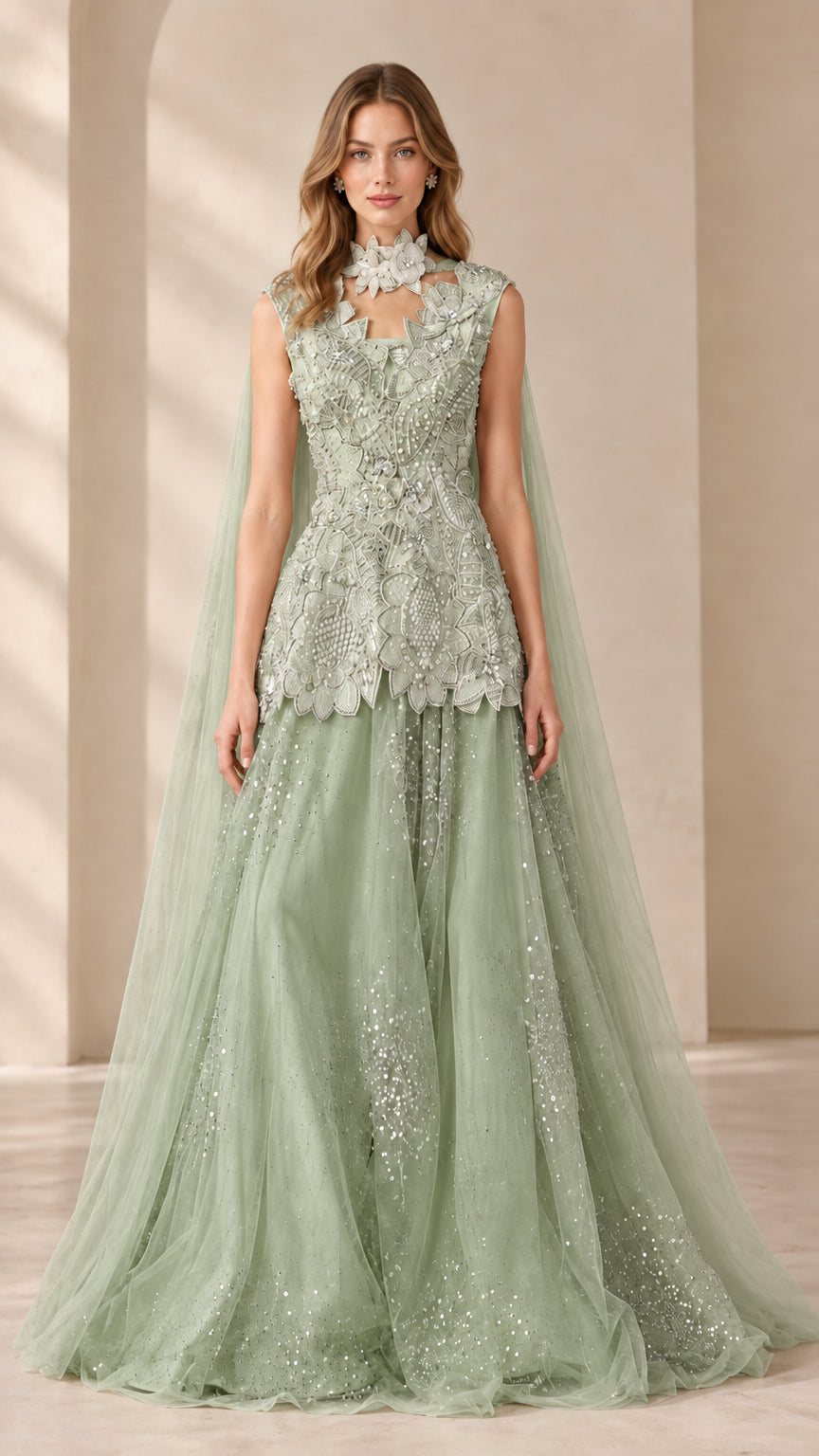 Sage Green beaded lace peplum gown with dimensional floral choker neckline